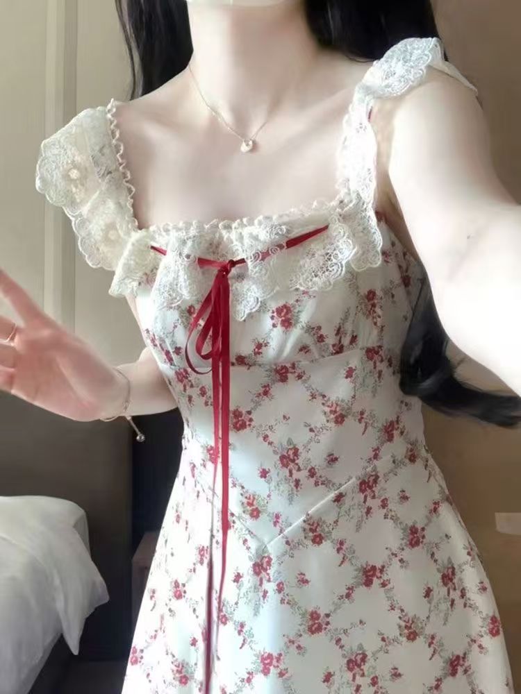Lace-Up Lace Floral Sling dress Women's Summer Tea Break French Vacation Skirt Tight Waist A- Line Skirt