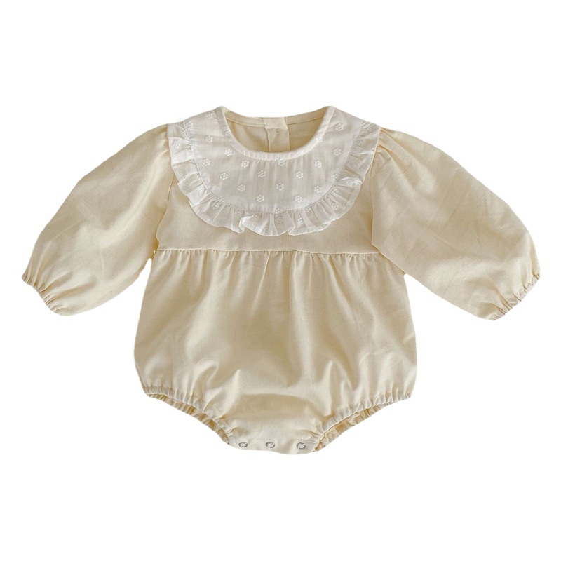 2025 Autumn Infant and Toddler Baby Girl Linen Lace Round Neck Loose Long Sleeve Jumpsuit Triangle Romper