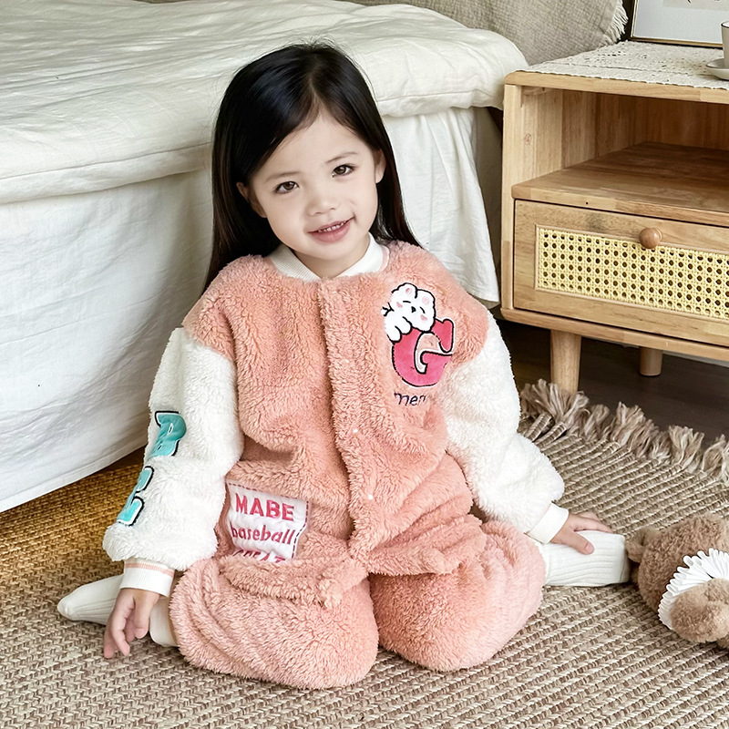 Autumn and winter children's pajamas flannel plush suit baseball style baby boy and girl warm small middle school home clothes