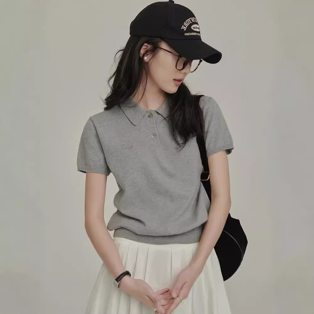 French Simple Retro Casual Lapel T-Shirt Women's 2024 Summer New Short-Sleeved Knitted Versatile Top Sweater