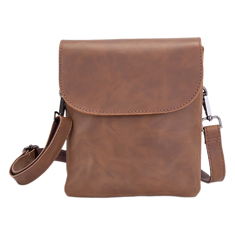 2025 New European and American Retro Crazy Horse Leather Men's Shoulder Bag Multi-layer Pocket Crossbody Bag Fashionable Youth Men's Bag