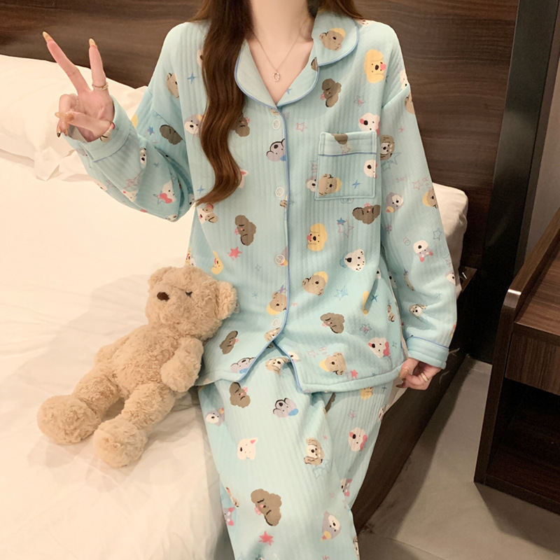 Blue small fresh dog printed air cotton sandwich pajamas autumn and winter women's warm long sleeve home clothes suit wholesale