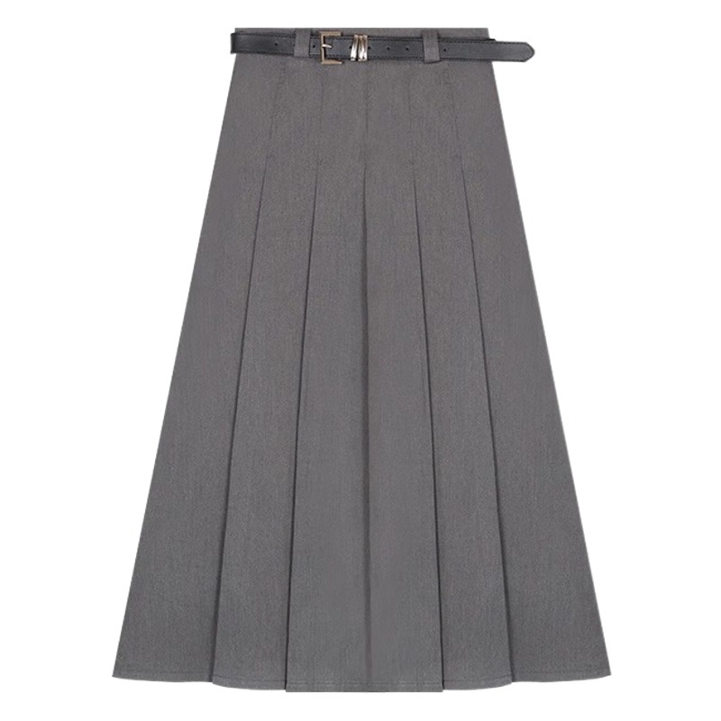 Korean style mid-length suit skirt women's spring and autumn gray high waist A- line skirt umbrella skirt pleated skirt long skirt
