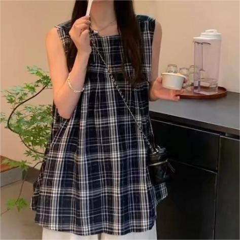 Japanese Style Retro Plaid Crewneck Shirt Women's Summer New Korean Style Crewneck Loose Sleeveless Casual Doll Shirt Top