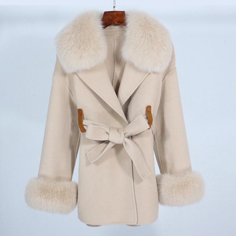 2025 Autumn/Winter New High-End Double-Sided Cashmere Coat with Fox Fur Collar Women's Mid-Length Woolen Coat