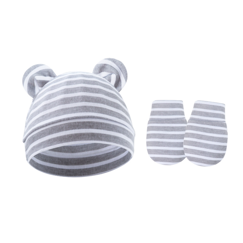 Picture of 2022 Foreign Trade Baby Fetal Hat Baby Pullover Cap Single Layer Bear Ear Hat Anti-scratch Gloves 2 Pieces Set