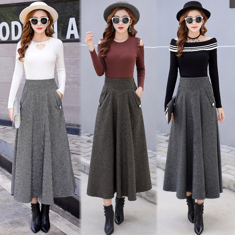 Real Shot Autumn and Winter New Woolen Skirt High Waist Plaid Large Swing Long Skirt plus size Thickened Mid-length A- line Umbrella Skirt for Women