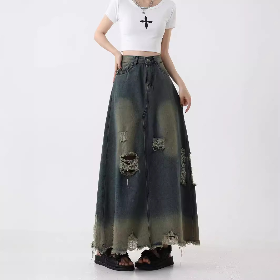 American-style Retro Midi Denim Skirt Women's Spring and Summer High Waist Slimming Nostalgic A- line Long Skirt