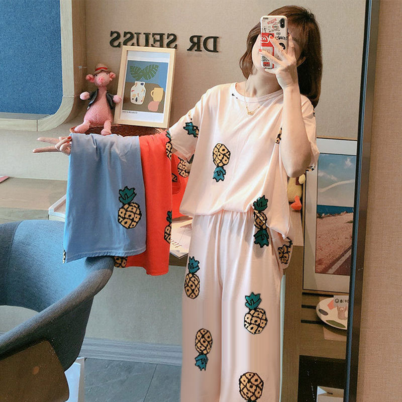 plus size Pajamas Women's Summer Short-sleeved Trousers suit Korean-style Student Thin Loose Fashionable Women's Home Clothes Spring and Autumn