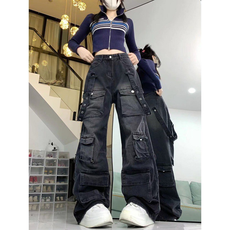 Picture of American Style High Street Multi-Pocket Tooling Jeans Women's Autumn and Winter Strap Design Sense Loose Slimming Wide Leg Trendy Trendy Pants