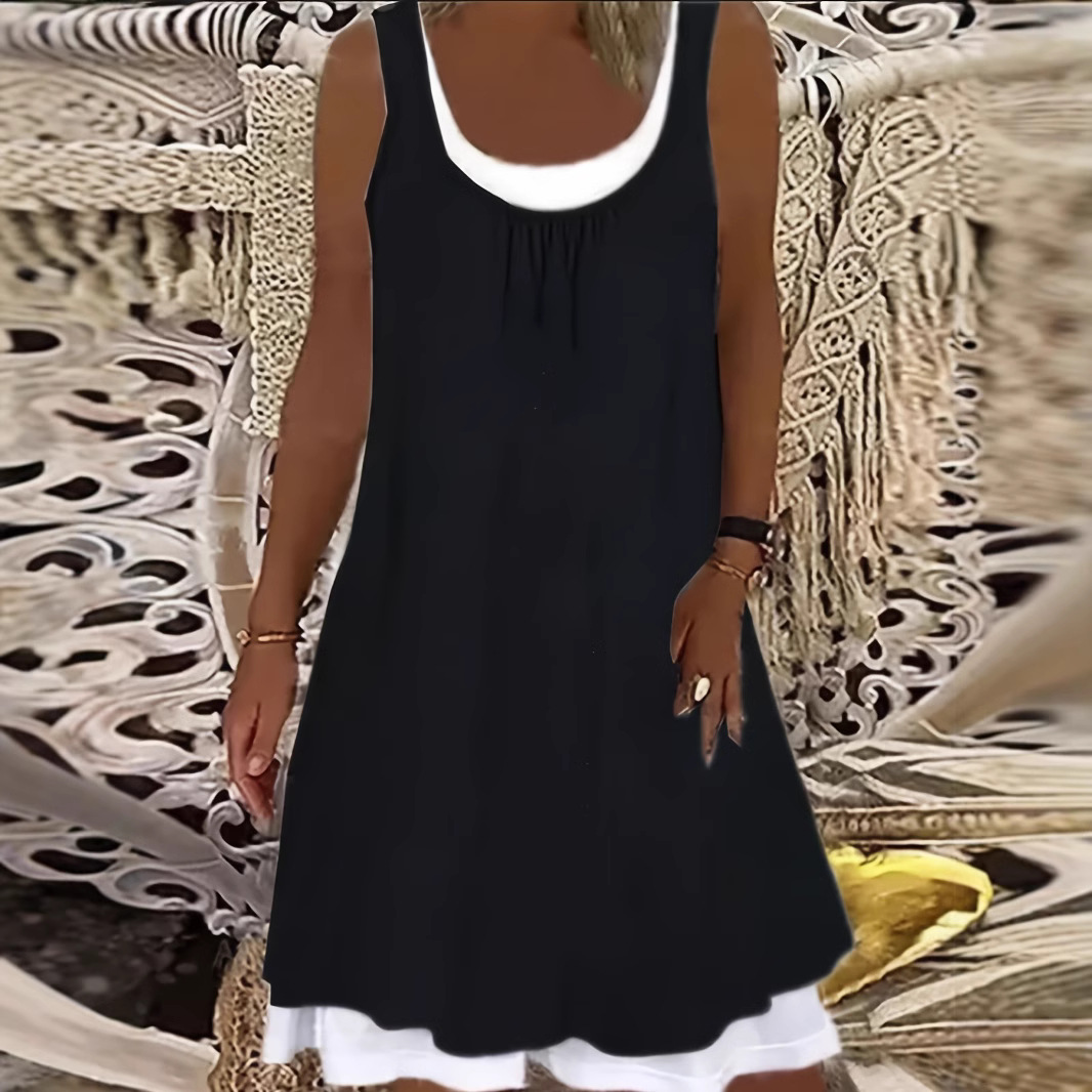 in stock 2025 European and American Independent Station AliExpress WISH Fashion Contrast U-collar Sleeveless dress
