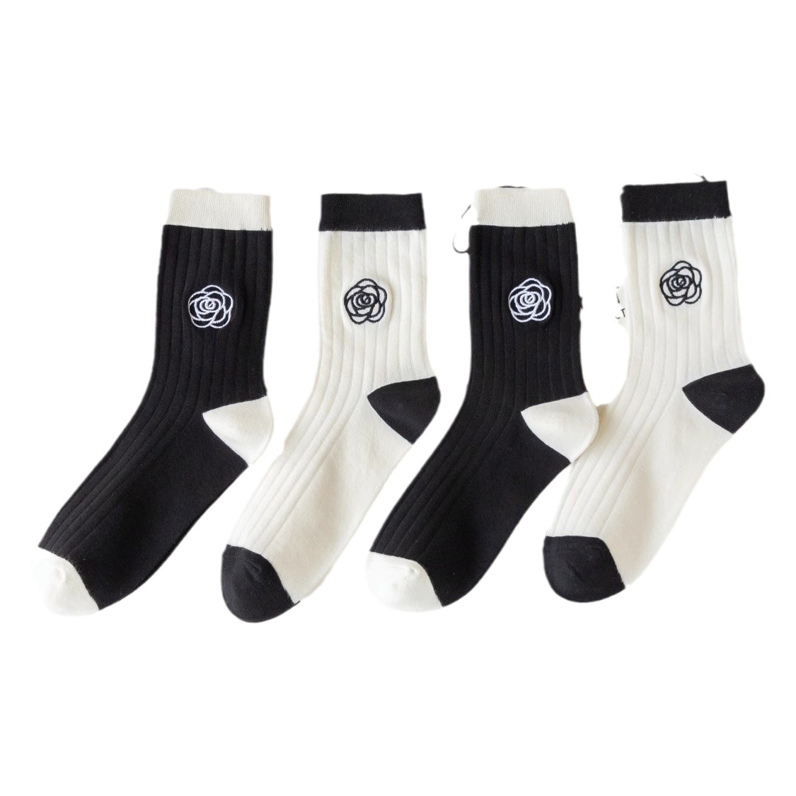 Japanese style camellia flower ins trendy black mid-calf length socks South Korea niche retro versatile sports cotton socks Zhuji socks