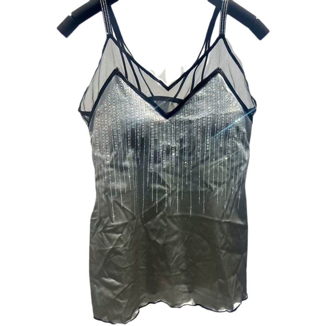 Elegant Slim Satin Camisole Heavy Industry Hot Drilling Design Chest Pad Outer Wear Beautiful Back Fashionable Women's Top