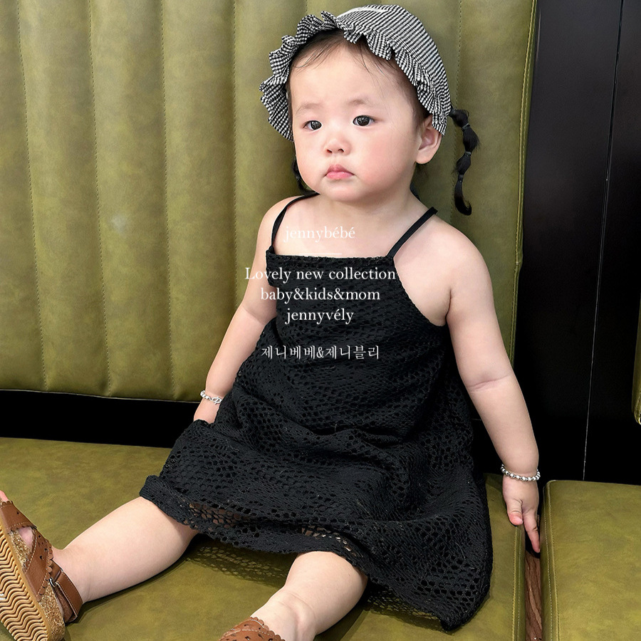 Jennybebe Mother-Daughter Parental Holiday Style dress Ins Baby Girl's Crochet Hollow Lace Slip Dress for Summer