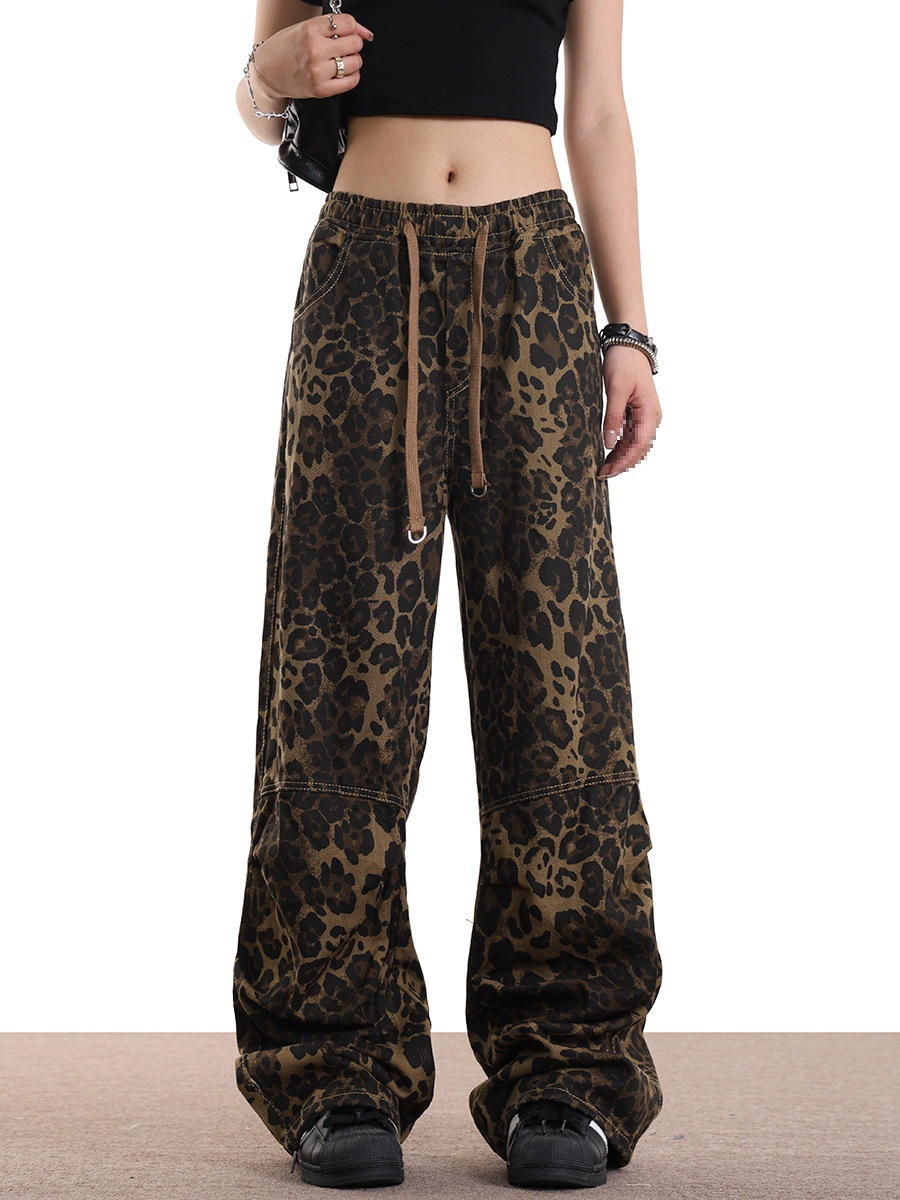 American Leopard Print Casual Pants Women Spring and Autumn New Straight Pants Hip-Hop Street Dance Fashion Brand Crane Pants