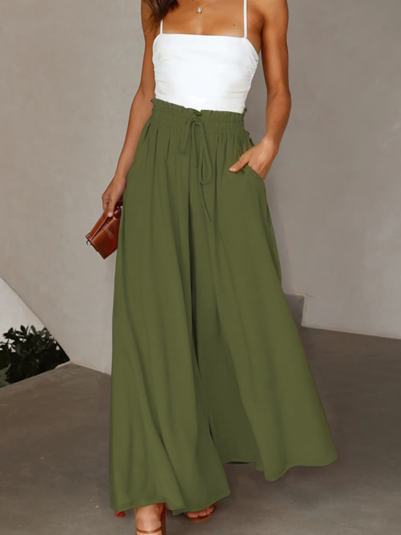 Cross-border European and American Women's Solid Color High Waist Drawstring Culottes Loose Fashion Casual Wide Leg Pants