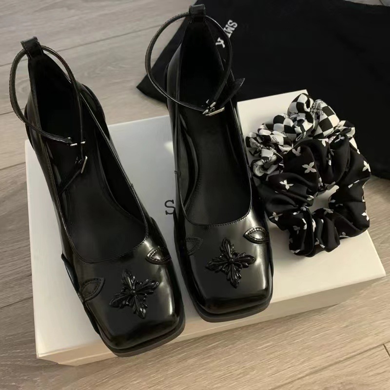 Sweet and Cool Style 2025 Classical Dance Shoes Cross Flower Black Retro Square Toe Thick Heel Mary Jane Shoes for Women with High Heels