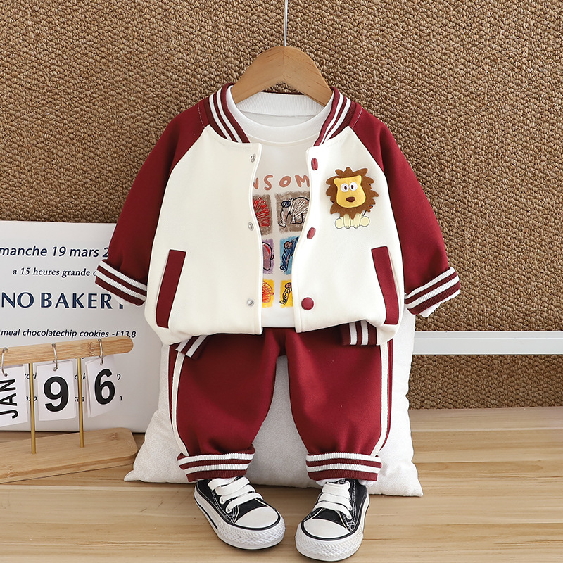 Korean Style New Spring and Autumn Fashion Casual Chest Three-dimensional Lion Long-sleeved Three-piece Set Boys Casual Long-sleeved suit