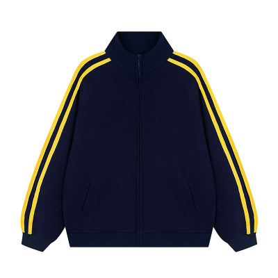 Picture of Korean version of the contrast color stand collar zipper sweater custom LOGO print three bar cardigan jacket overalls fleece-lined jacket