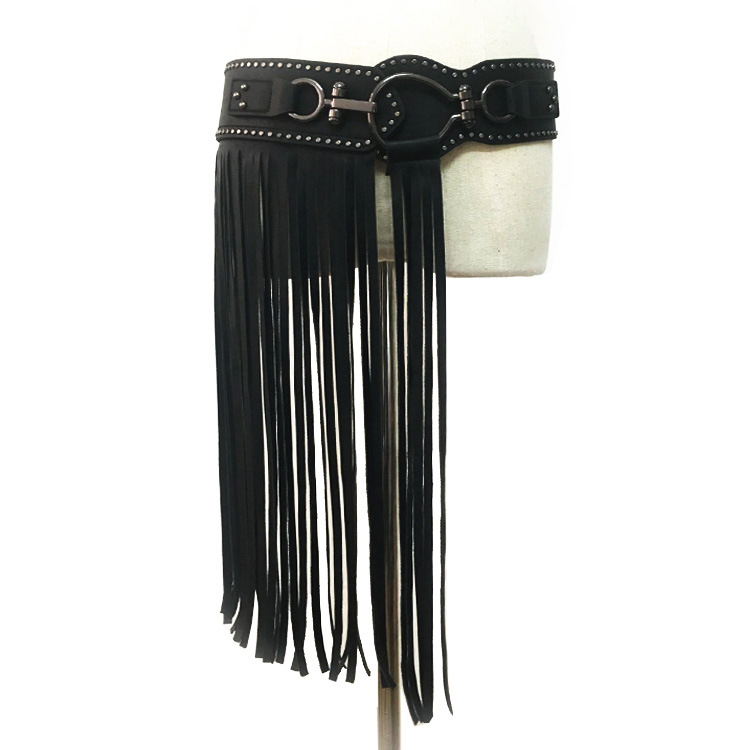 European and American punk style ultra-long fringed skirt women's waist seal fashion rivet wide belt elastic black buckle accessories
