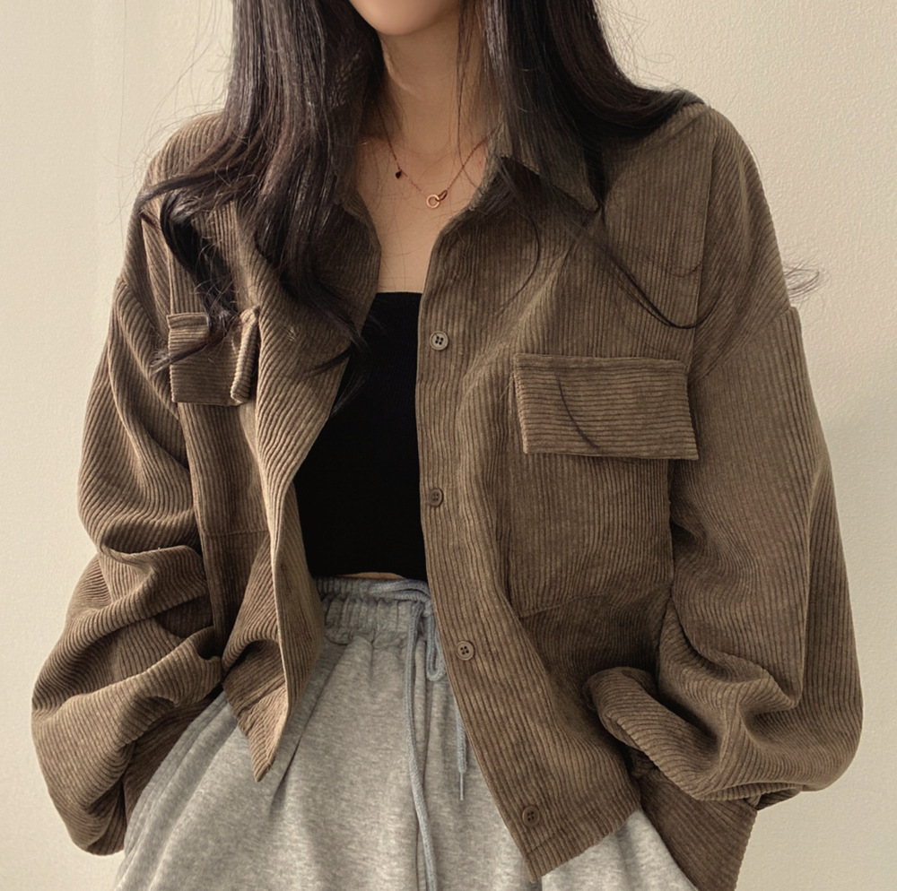 South Korea chic2025 Spring French Retro All-match Single-breasted Lapel Corduroy Shirt Long-sleeved Jacket Women's Trendy