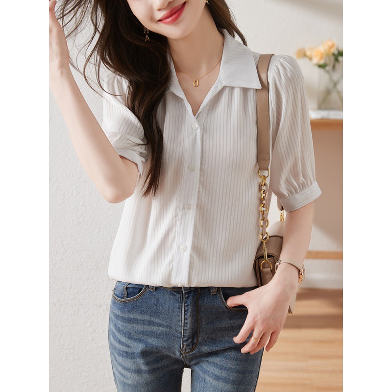 Picture of Half sleeve white shirt women's summer thin design V-neck shirt commuter shoulder short sleeve chiffon top