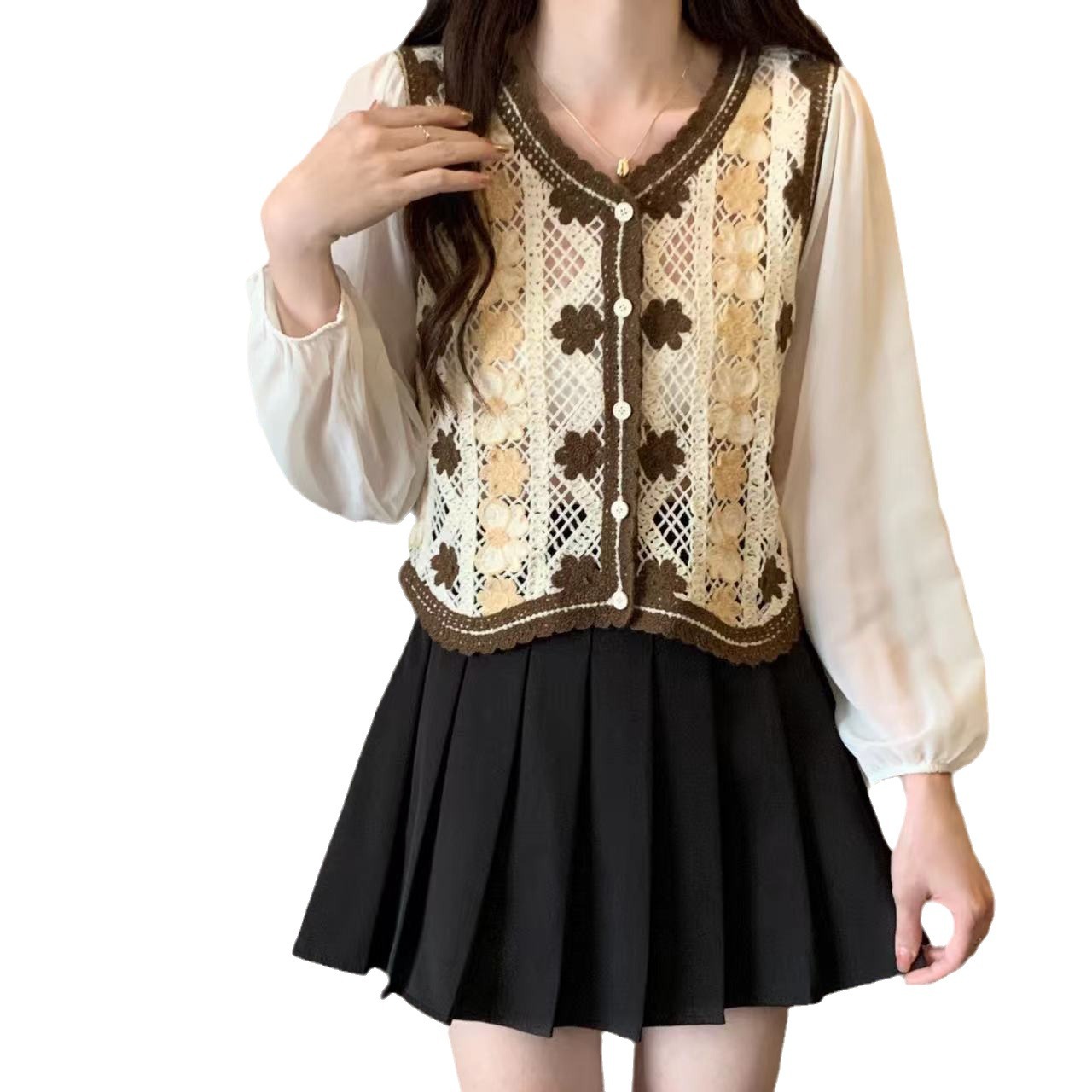 Picture of Spring poem ~ plus size retro Korean style personalized three-dimensional hollow-out knitted chiffon long-sleeved shirt for women