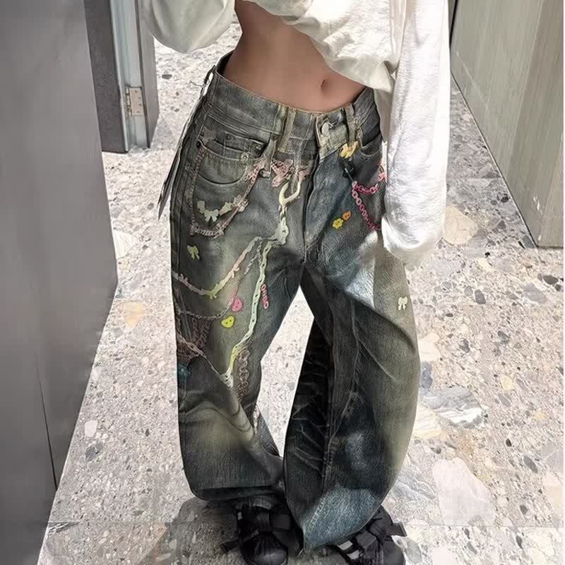 American Retro High Street Hip-Hop Chain Print Jeans for Women 2025 Spring Punk Heavy-Duty Floor-Length Pants