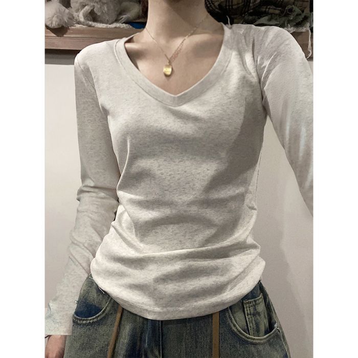 Picture of American Style Shoulder Long-Sleeved T-Shirt Women's Autumn and Winter Women's New U-Neck Slim-Fit Sanding Base Shirt Top for Women