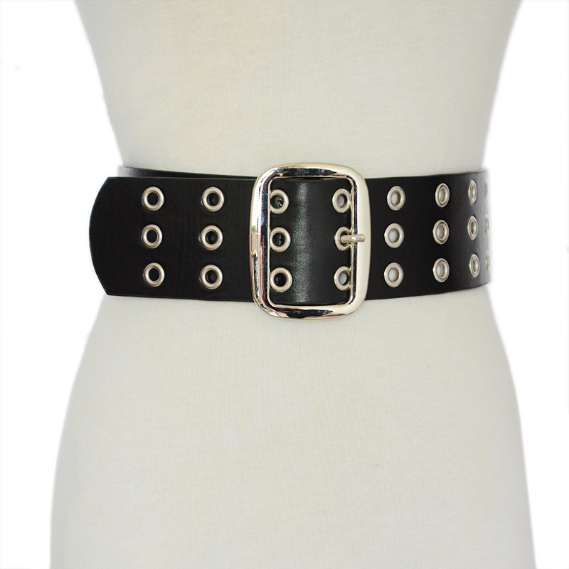 Cross-Border European and American Women's Belts, Casual Punk Perforated Belts, Oval Metal Buckles, Wide Girdle with Coats in Stock