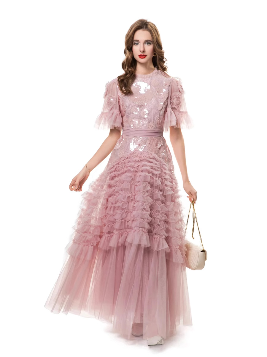 2022 New Summer Luxury Style French High-End Waist-Cinching Heavy-Duty Lotus Leaf Flower Sequin Lace Dress