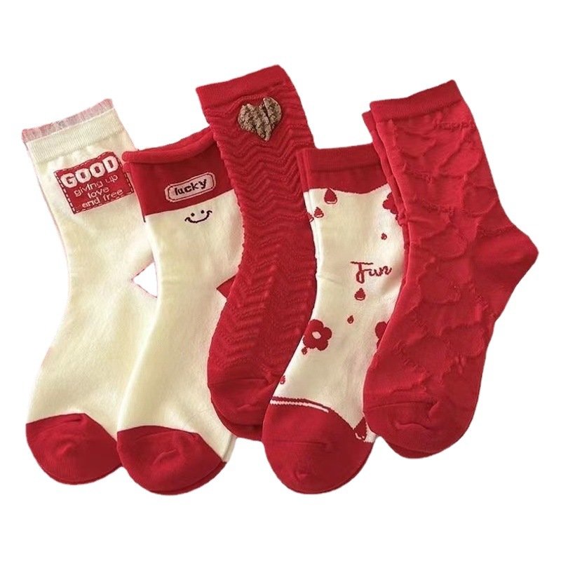 Red socks women's festive spring and autumn Japanese lace mid-tube socks for Chinese New Year wear lolita socks for this life year
