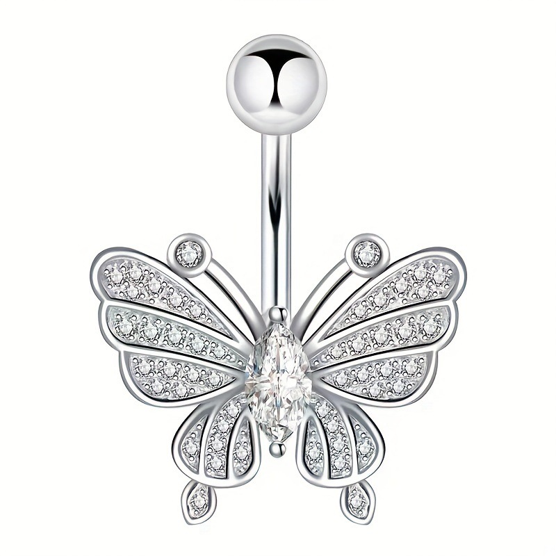 Butterfly Belly Button Ring, Full Diamond Belly Button Stud, Versatile and Stylish Jewelry, European and American Style Piercing with Zircon Inlay