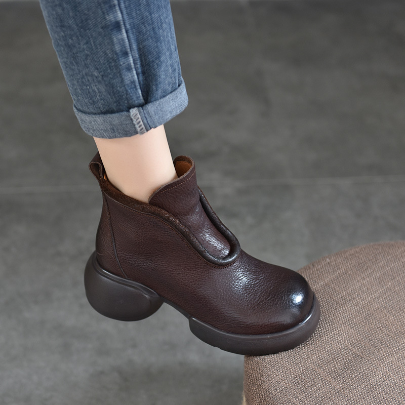 Retro Ethnic Style Genuine Leather Round-Toe Short Boots for Women in Autumn and Winter New Small Thick-Soled Boots Cowhide Low Boots
