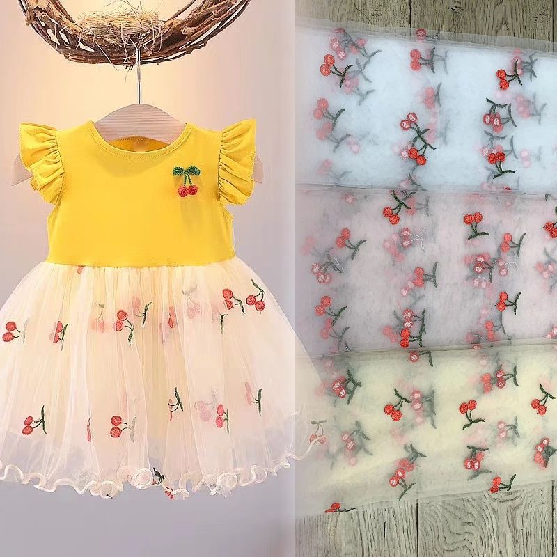 New Red Cherry Mesh Embroidered Fabric Fashion Embroidered Children's Dress Lace Mesh Fabric
