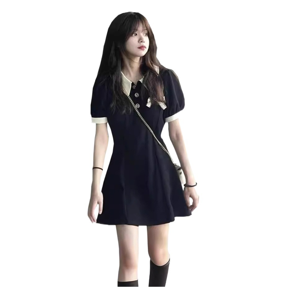 Contrast Color Polo Collar Petite Dress for Women Summer New Retro Style Waist Slimming Look Hepburn Style Little Black Dress