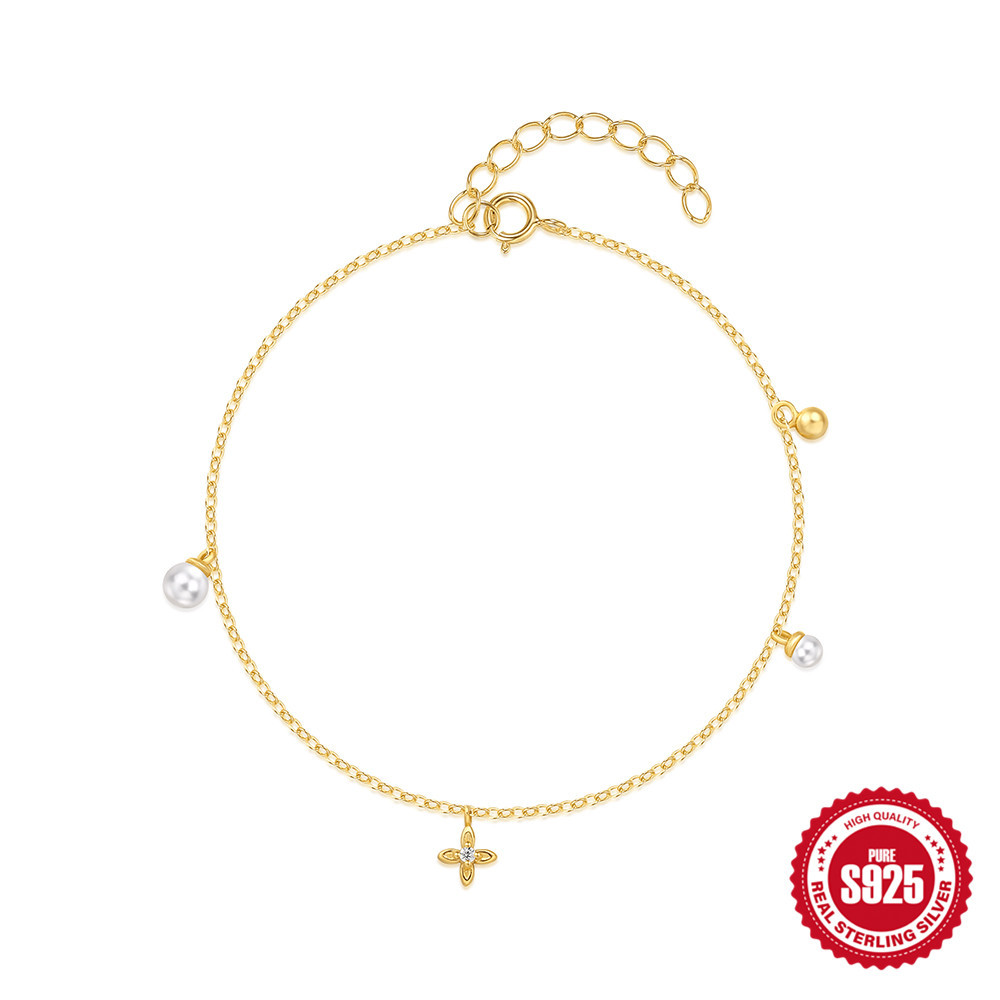 S925 Sterling Silver Daily Wear Simple Women's Diamond-encrusted Pearl Cross Bracelet Adjustable Bracelet Accessories