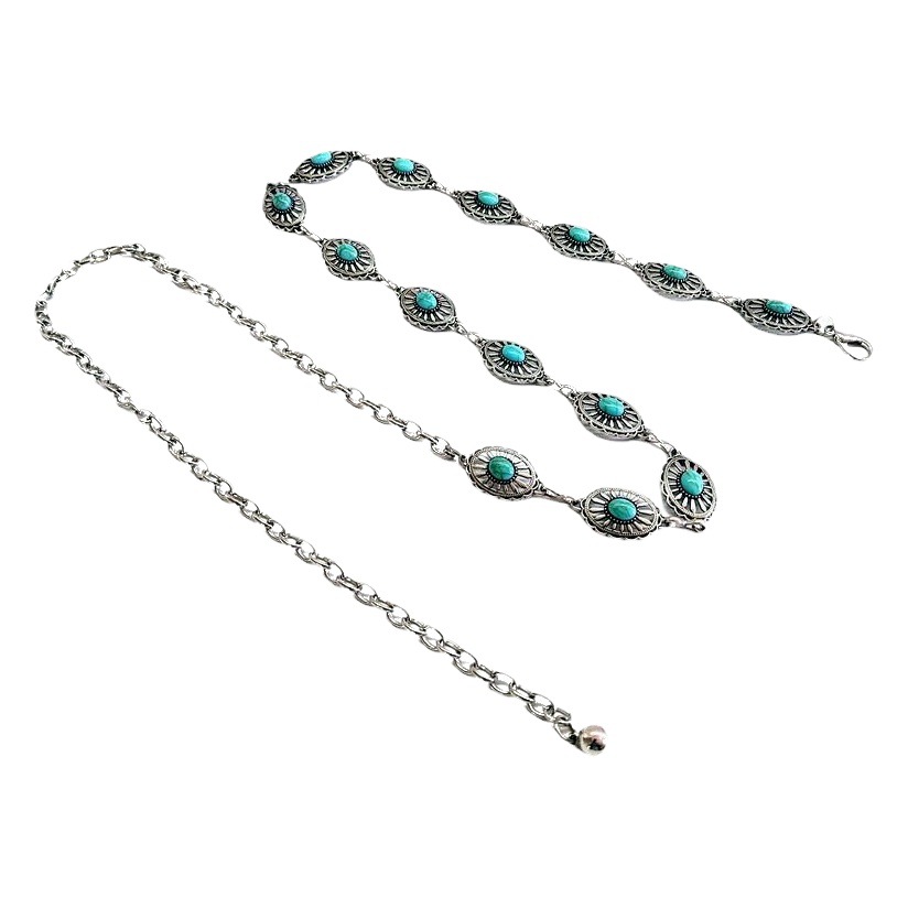 Cross-border Jewelry Waist Chain Women's Fashion All-match Metal Carving Inlaid Turquoise All-match Ins Trendy Body Chain Accessories