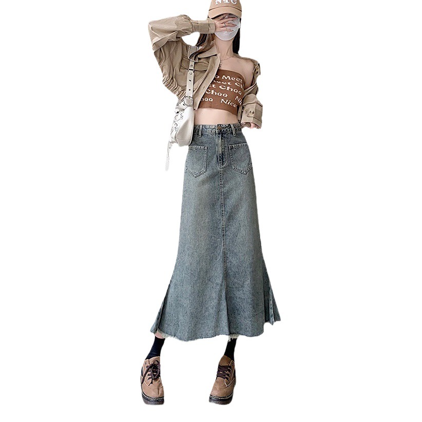 Vintage Denim Skirt Women's Spring and Autumn 2023 New Fishtail Skirt High Waist A- Line Slimming Mid-Length Hip Skirt