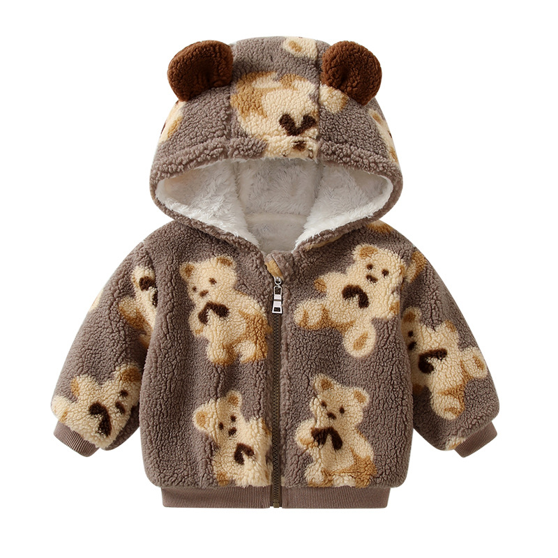 Picture of Children's Outwear Velvet Thickeneded Baby Warm Outing Clothes 2025 Autumn and Winter Cartoon Bear Hooded Baby Clothes