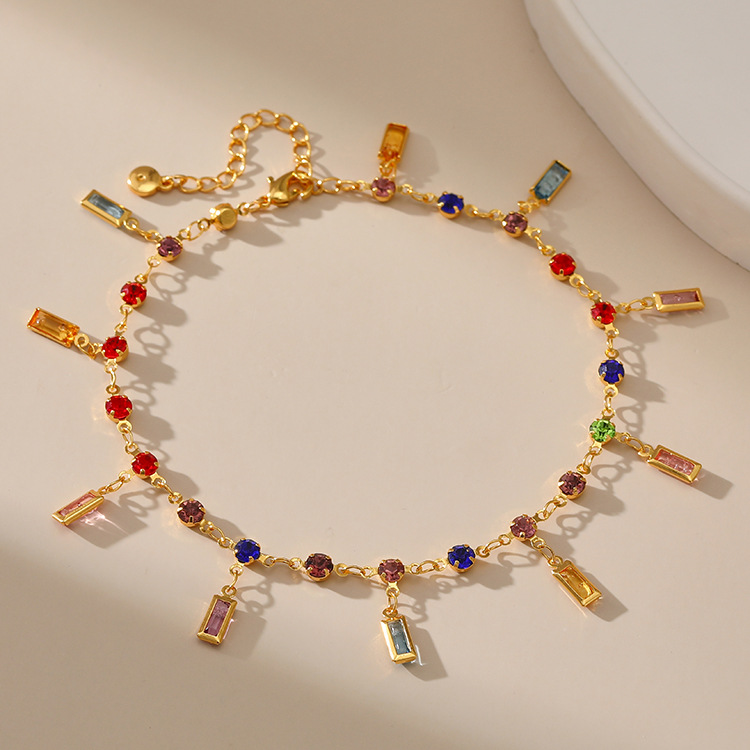 eBay Europe and the United States cross-border new retro gold-plated foot chain color acrylic 18K gold long diamond-encrusted pendant anklet