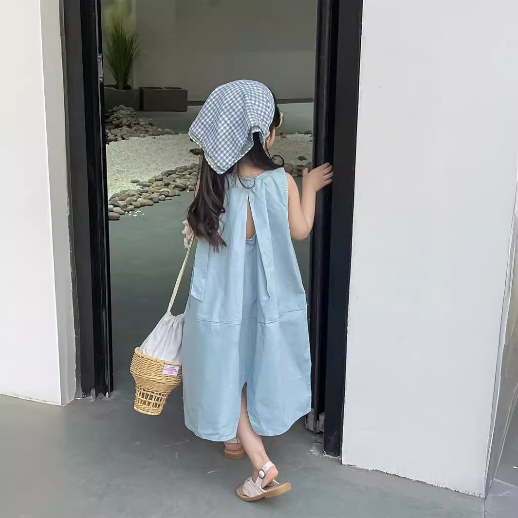 Children's Wear Girl's dress 2024 Summer Dress Girl's Blue Simple Backless Shoulder Bow Vic Dress