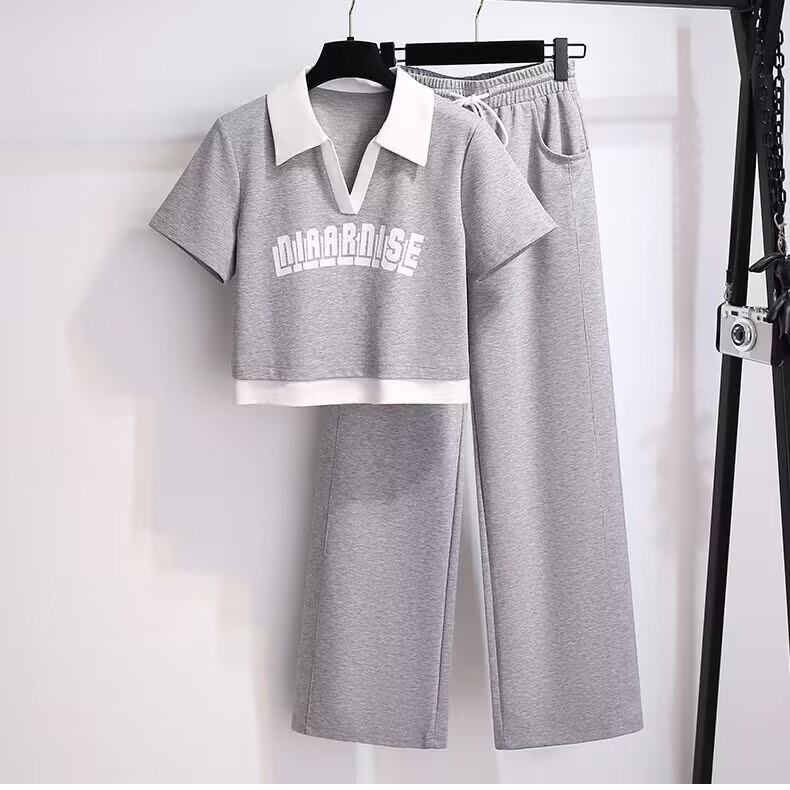 Fashion Short Top with Wide Leg Pants Summer 2023 New Short Sleeve T-Shirt Stylish Fashion Two-piece Suit