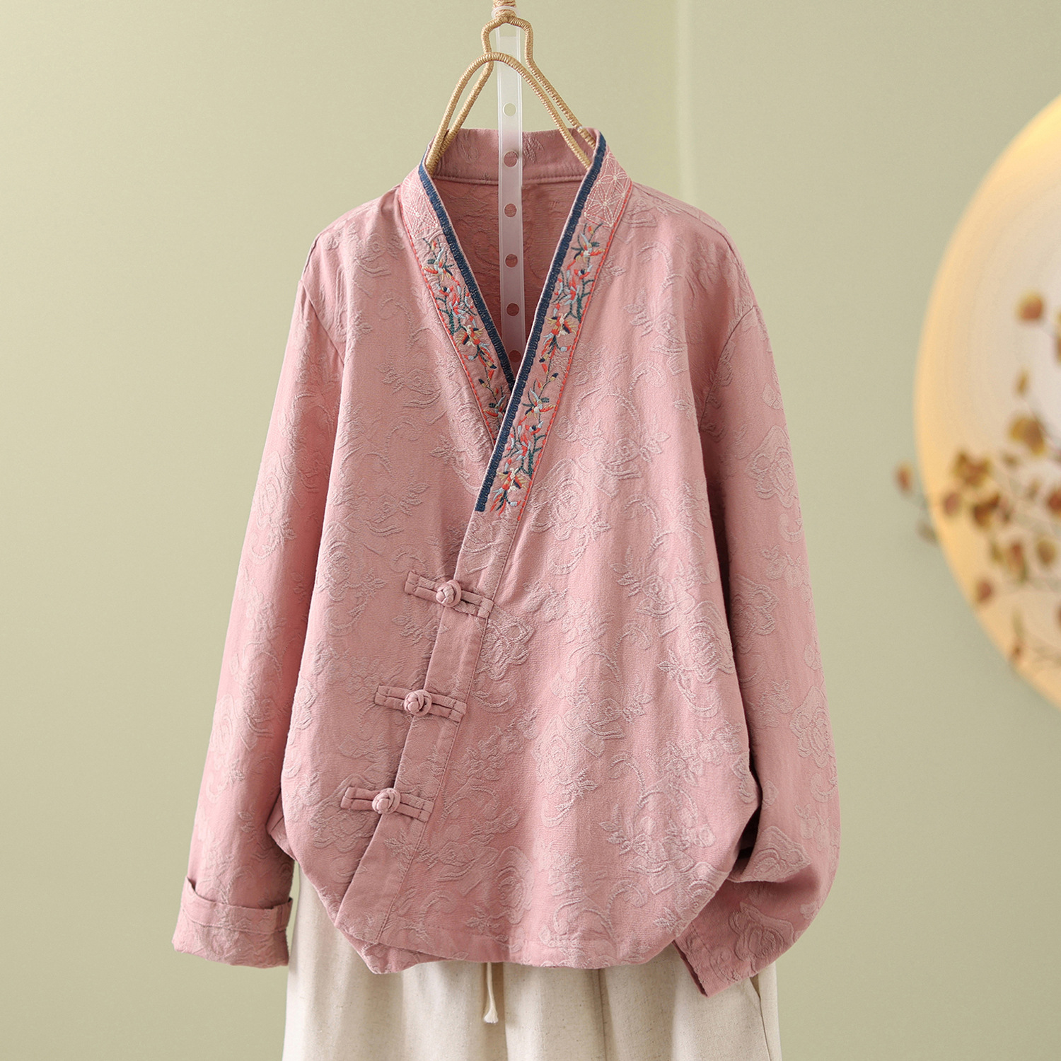 Real Shot Chinese Style Vintage Placket Embroidered Buckle Cotton Linen Long Sleeve Cardigan Hanfu Women's Casual Loose Artistic Top