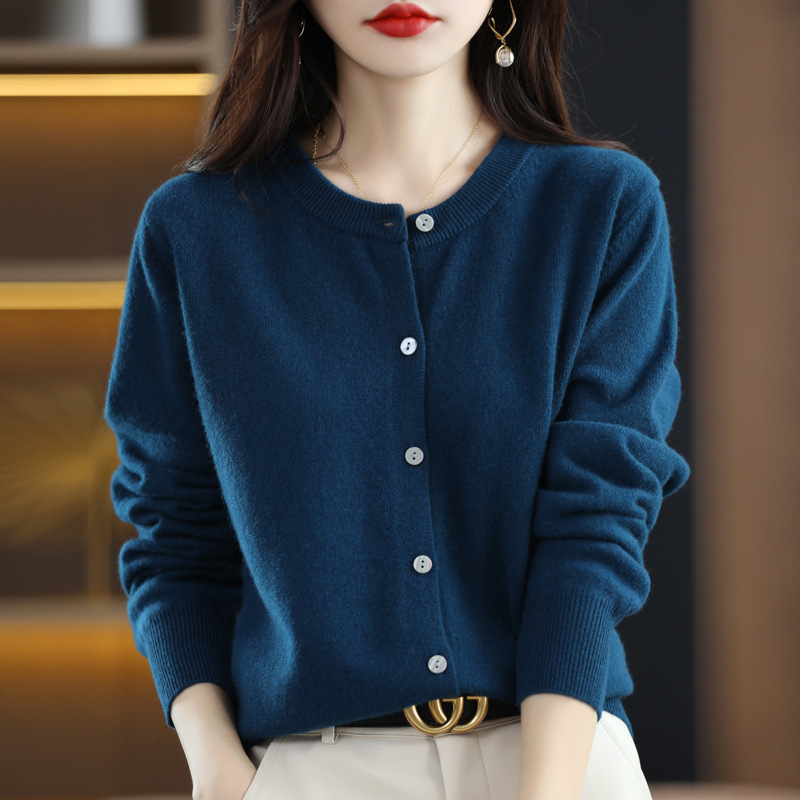 Picture of 2025 new knitted cardigan early spring crew neck sweater women's long sleeve solid color Joker coat women's clothing a generation of hair