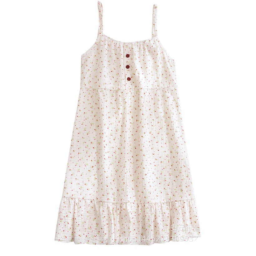 Sling Nightgown White Polo Dot Pajamas Girl's Summer Collar Cute Cotton Gauze Comfortable Breathable Loose Home Clothes