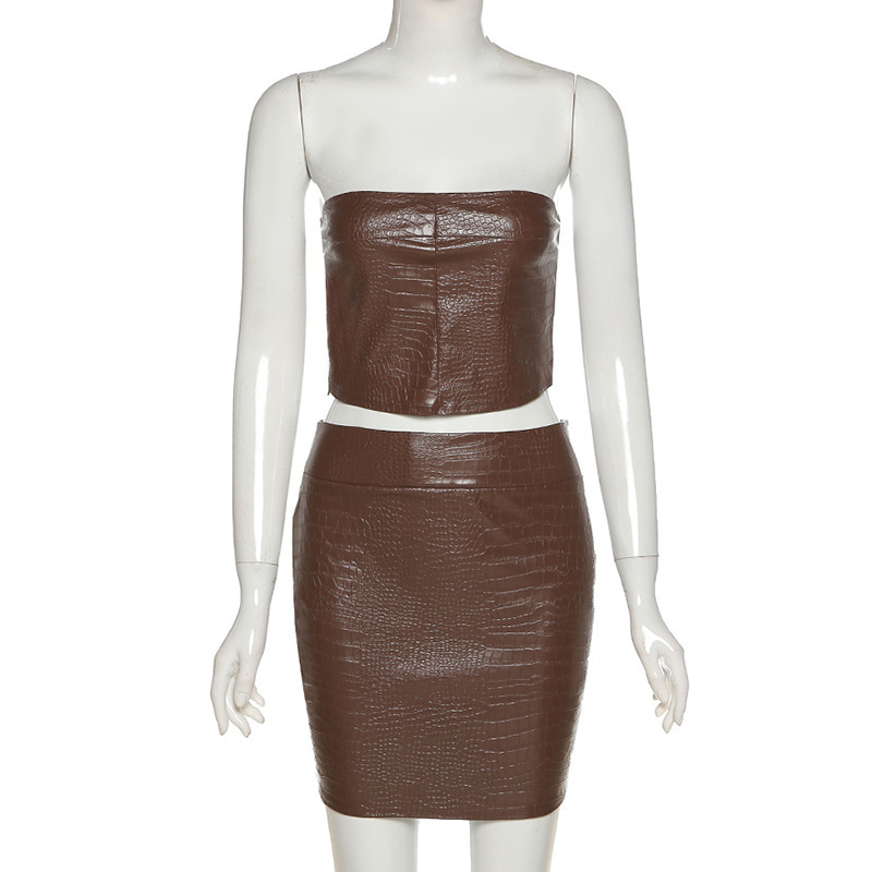 Picture of European and American Style Cross-Border 2024 Autumn New Sexy Tube Top Slimming Look Hip Short Skirt Women's Pu Suit Women's Light and Mature