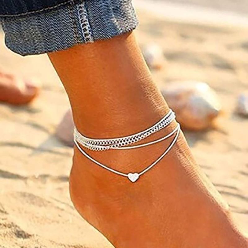 European and American Cross-border Popular Beach Love Multi-layer Anklet Bohemian Style Alloy Heart-shaped Peach Heart Double-layer Anklet