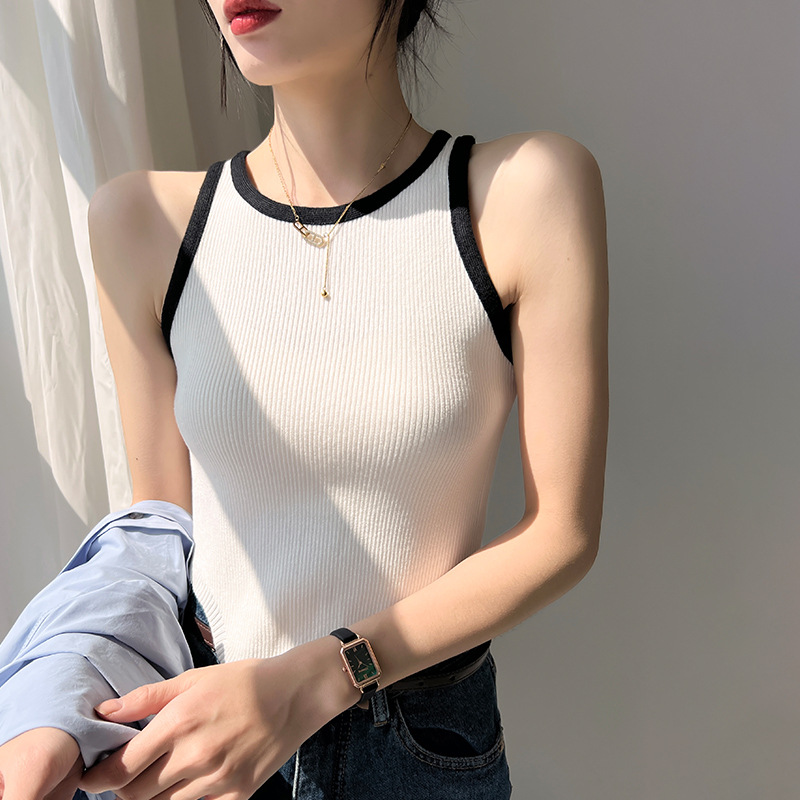 White Camisole Sports Vest Women's Outer Wear Summer Knitted Sleeveless Inner Base Top Contrast Color 2023 New Fashion