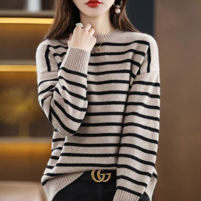 Crewneck Striped Sweater Women's Loose Outer Wear 2023 Autumn and Winter Lazy Style Knitted Top Base